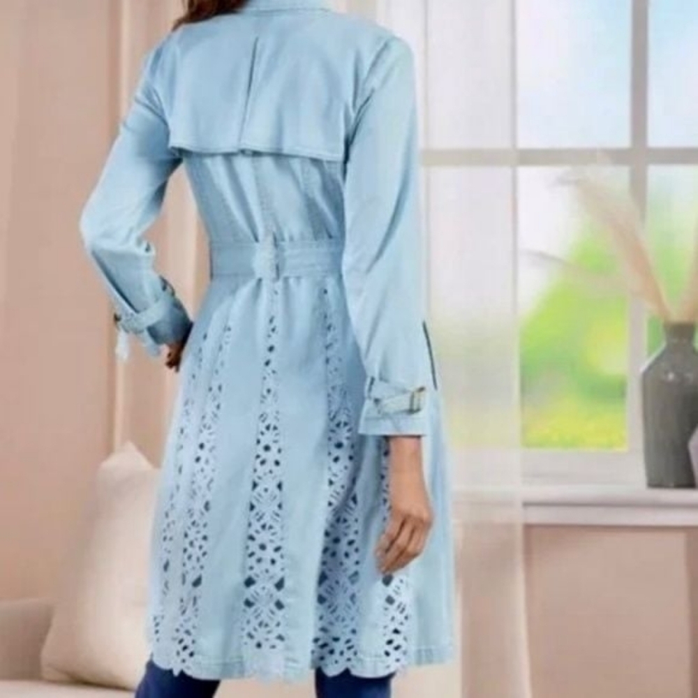 Soft Surroundings Lori chambray trench coat with lace panels Size L - Picture 6 of 8